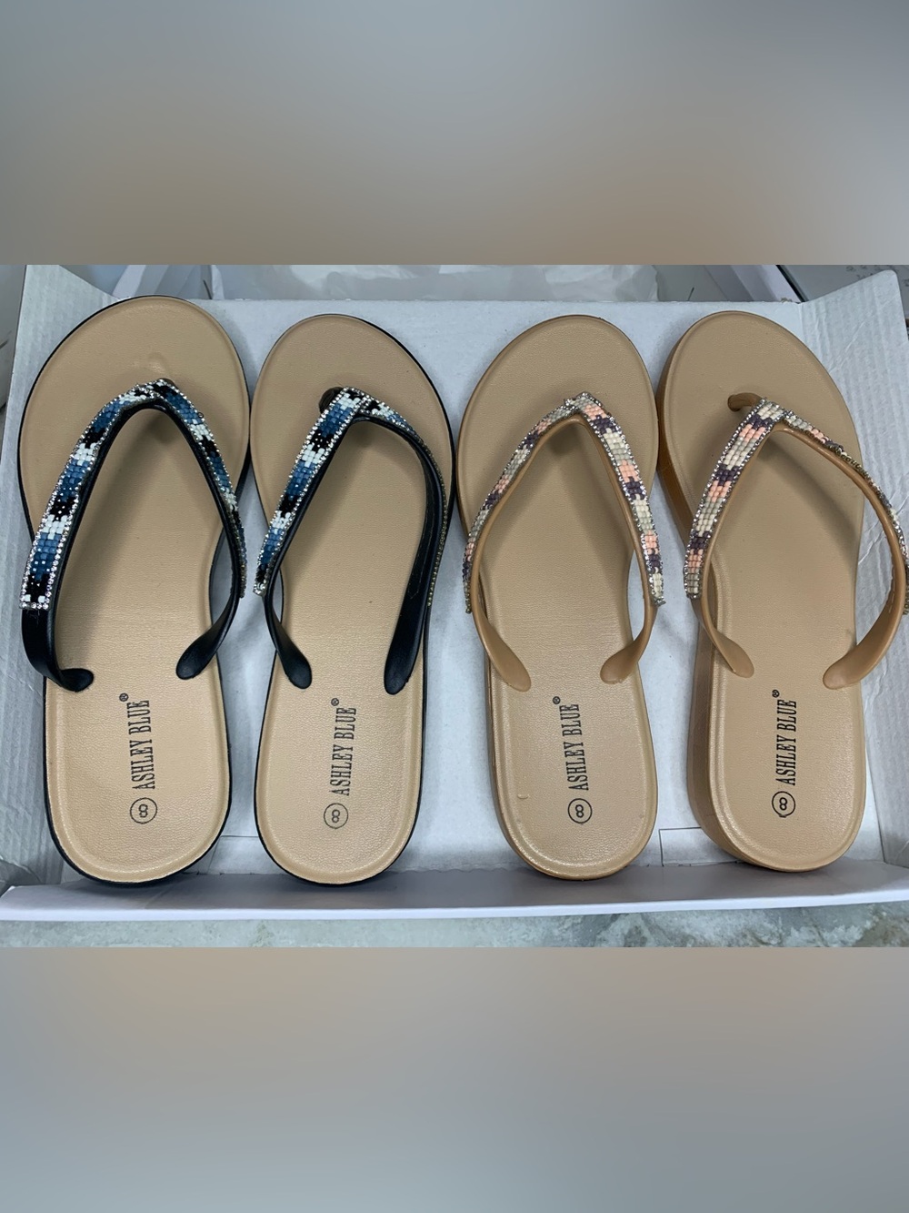 2 Pair -  Ashley Blue Women’s Thong Sandals Beaded Rhinestone Leather Colorblock